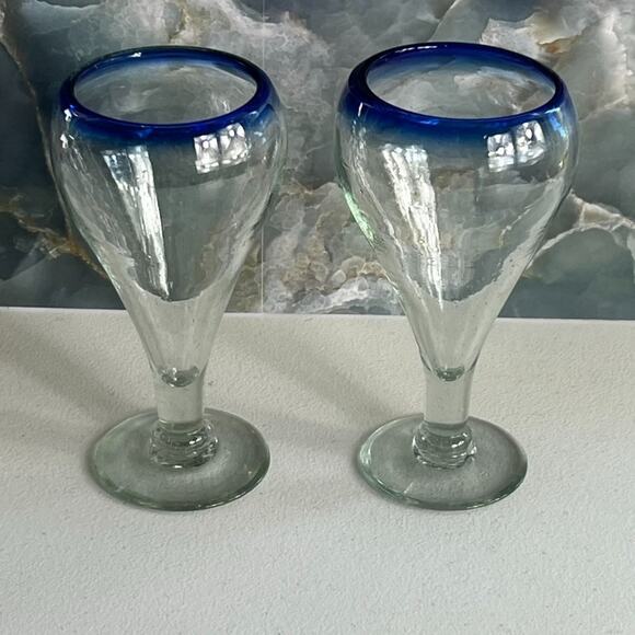 Mexican Hand Blown Cobalt Blue Rim Water Beer Pilsner Goblets 7.75” Tall - Picture 6 of 7